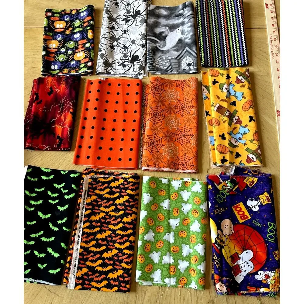 Lot 12 Halloween Cotton Fabric Destash Prints Cats Bats Ghosts Snoopy 42”x10”
